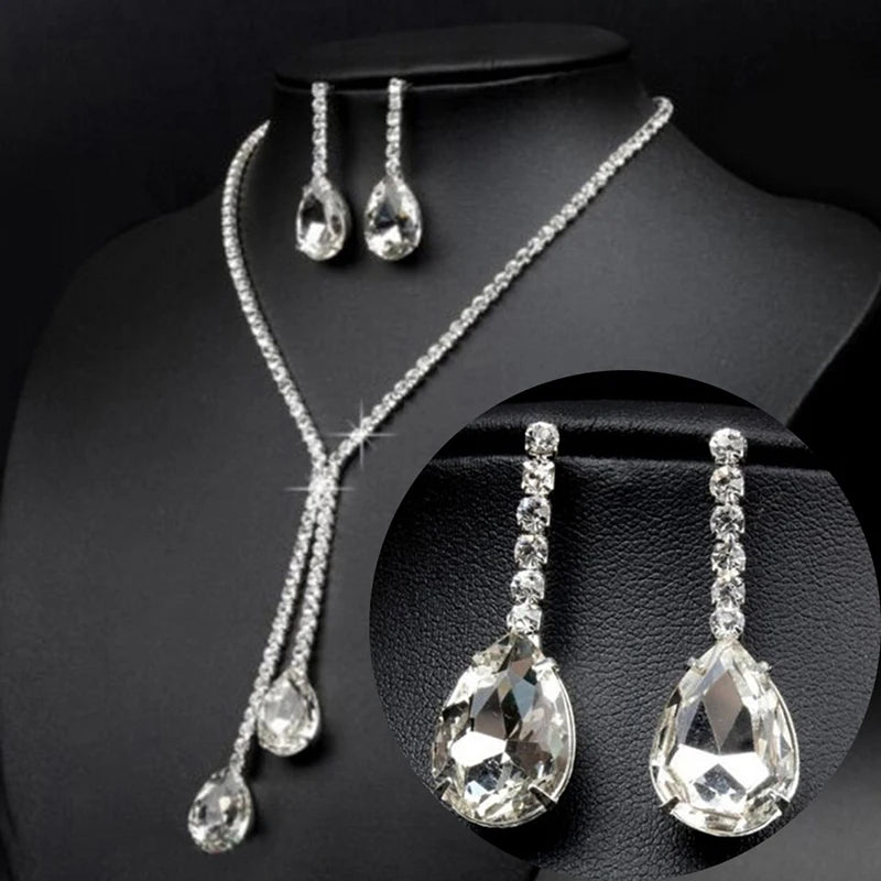Fashion 1 set Wedding Bridal Jewelry Sets Simple Luxury Full Crystal Chain Water Drop Necklaces & Pendants Dangle Earrings Sets