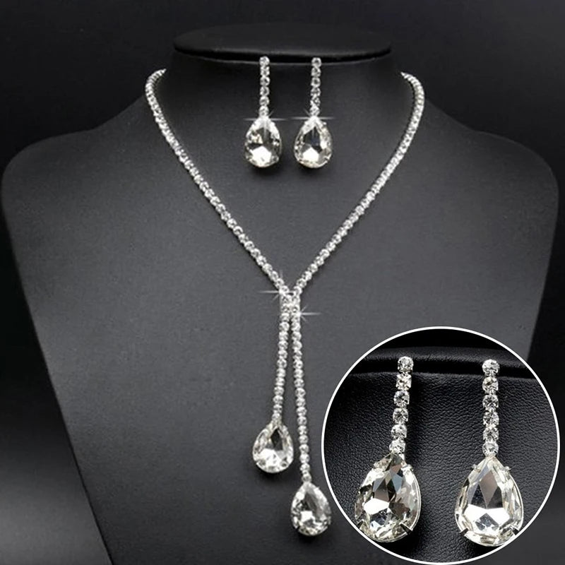Fashion 1 set Wedding Bridal Jewelry Sets Simple Luxury Full Crystal Chain Water Drop Necklaces & Pendants Dangle Earrings Sets