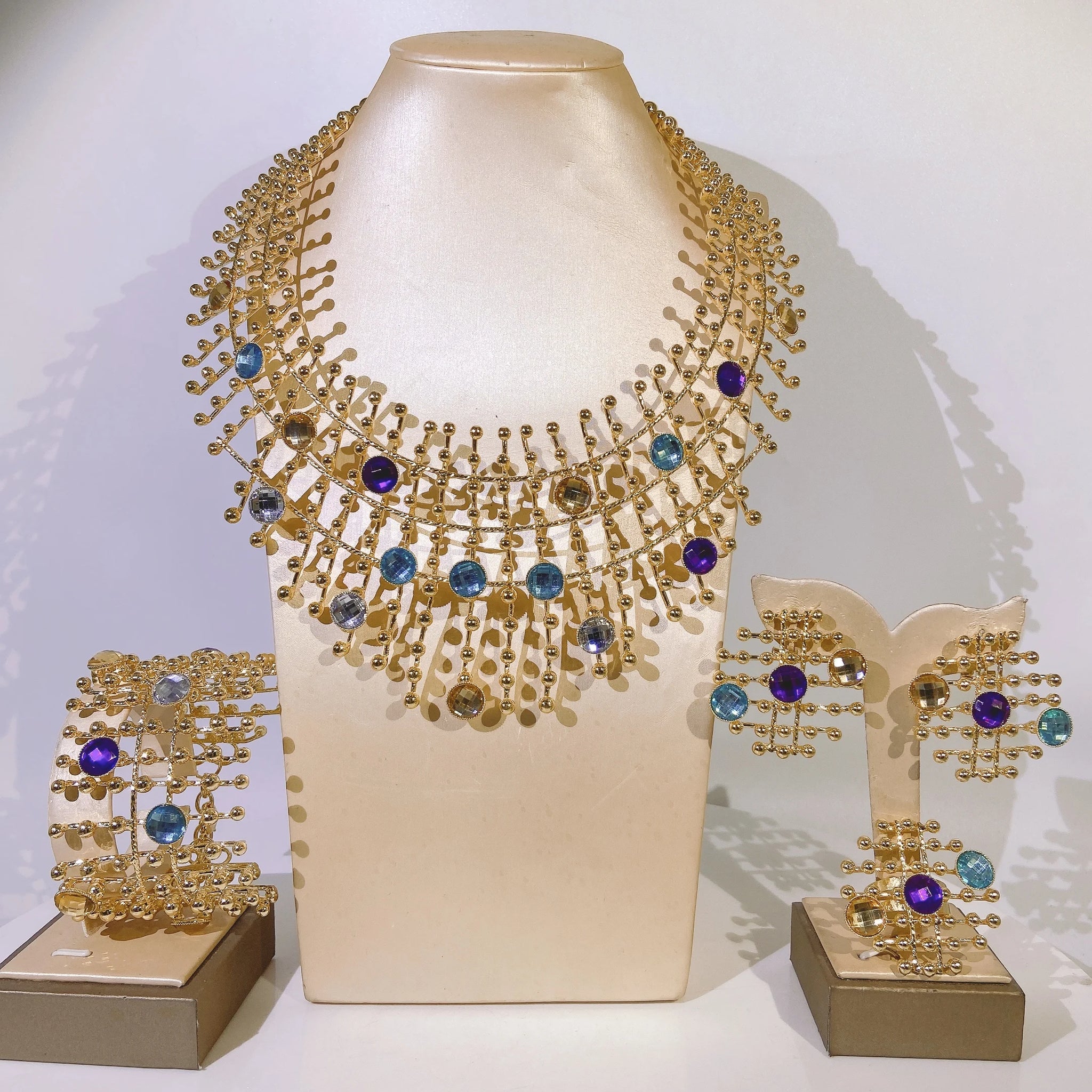 24k Gold Plated Women Jewelry Set Necklace  Chain Earrings Bangle Ring Multi Color Stone