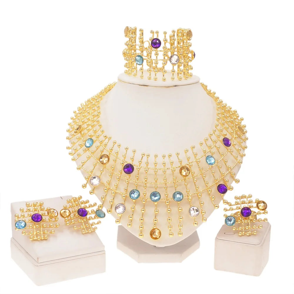 24k Gold Plated Women Jewelry Set Necklace  Chain Earrings Bangle Ring Multi Color Stone