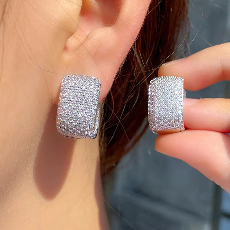 Huitan Full Cubic Zirconia Hoop Earrings for Women Bling Bling Temperament Female Ear Accessories Luxury Bridal Wedding Jewelry