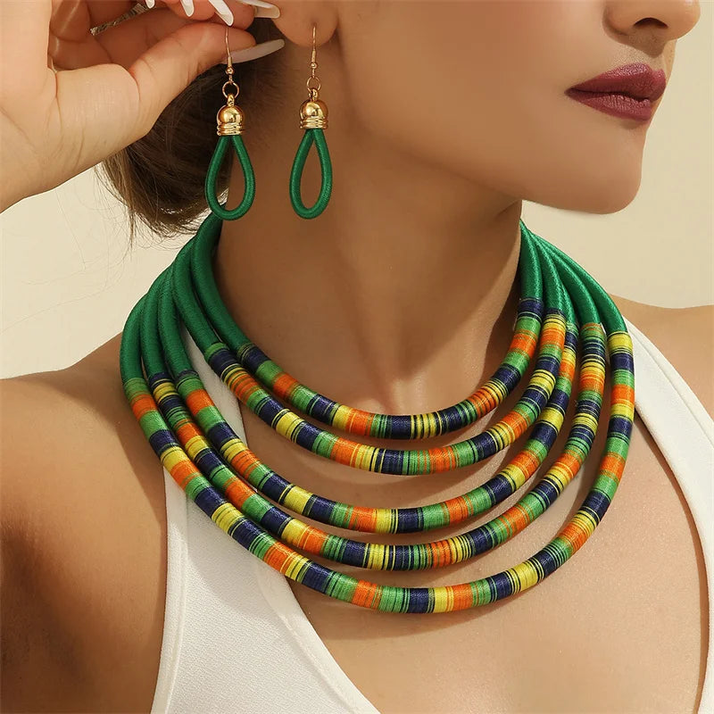 Fashion African Jewelry Set for Women Necklace Earrings Multi-layer Woven Jewelry Choker Necklaces Set Bridal Wedding Jewelry