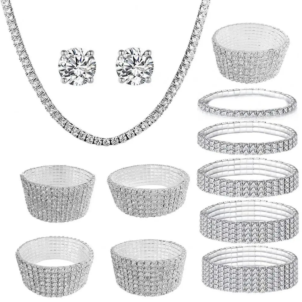 Bracelet Necklace Studs Earrings Bracelet Elegant Shiny Rhinestones Multi-layer Geometric Gift Women Wedding Jewelry Set