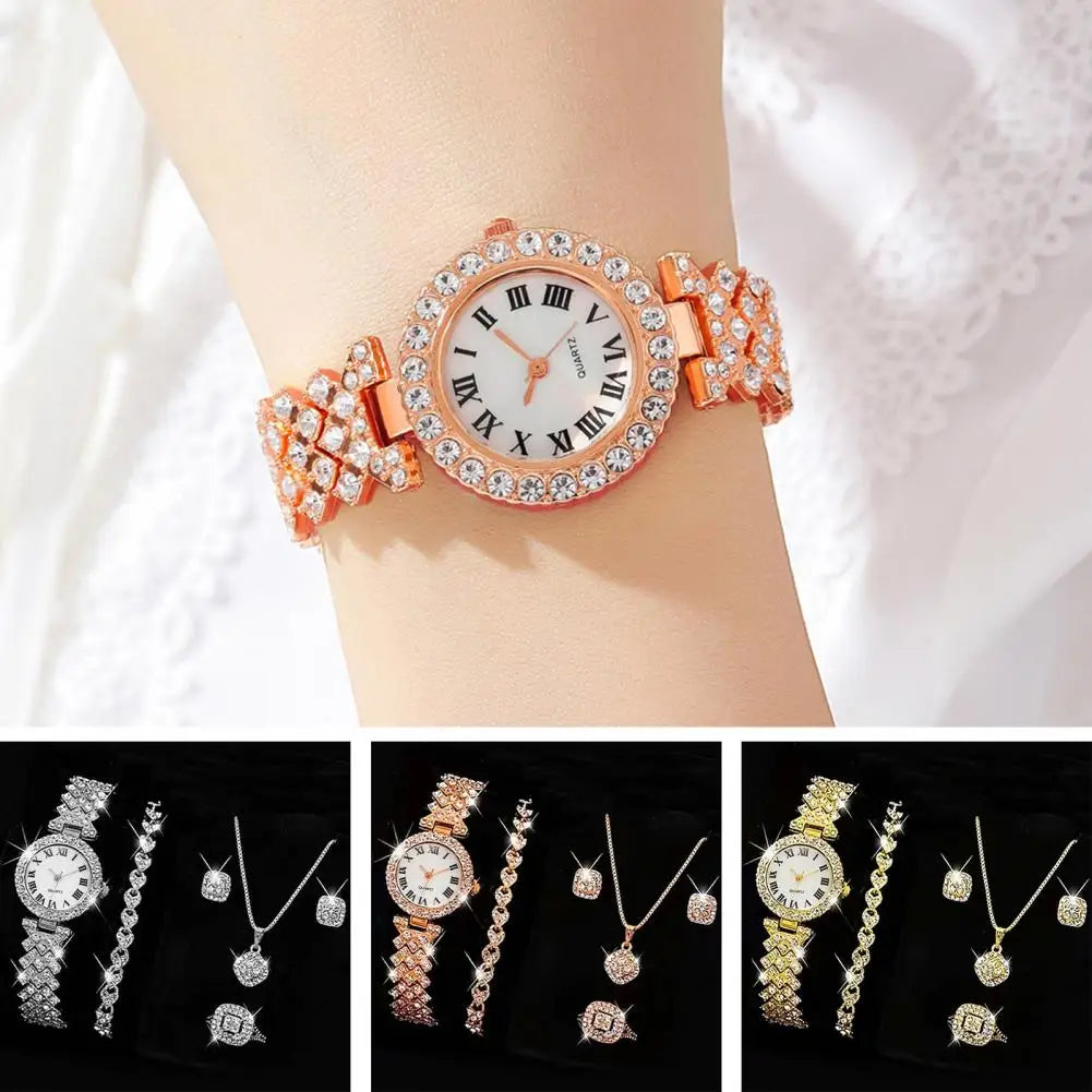Luxury Watch Jewelry Set Elegant Rhinestone Jewelry Set for Women Watch Necklace Earrings Ring Luxury Gift Set with for Her