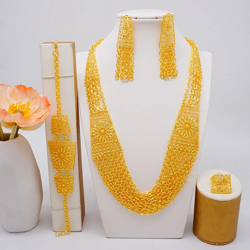 Dubai Jewelry Set Golden Color Drop Earring Cuff Bracelet Bangle Pendant Necklace Arab Wedding Gift
