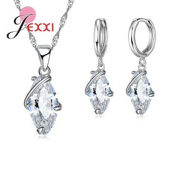 Fashion Shiny Crystal Jewelry Set For Women   Silver Casual Pendant Necklace Earrings Brincos Wedding Bijoux