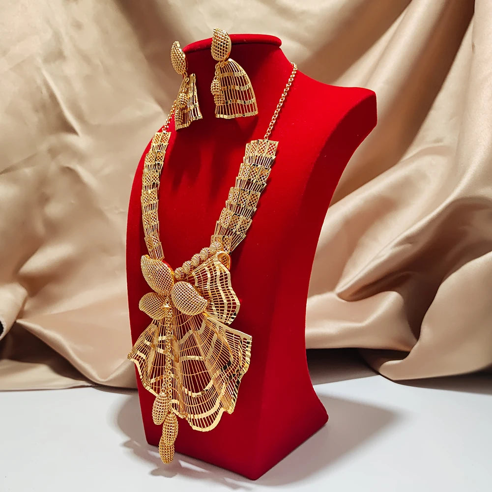 Dubai Jewelry sets 24K gold plated luxury African wedding gifts bridal bracelet necklace earrings ring jewellery set for women