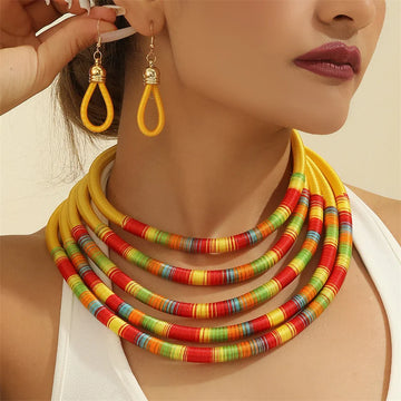 Fashion African Jewelry Set for Women Necklace Earrings Multi-layer Woven Jewelry Choker Necklaces Set Bridal Wedding Jewelry