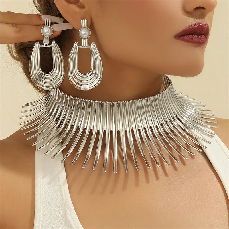 Fashion  Jewelry Set Gold Color Metal Big Exaggerated Torque Choker Earrings Set Jewelry African Punk Gifts