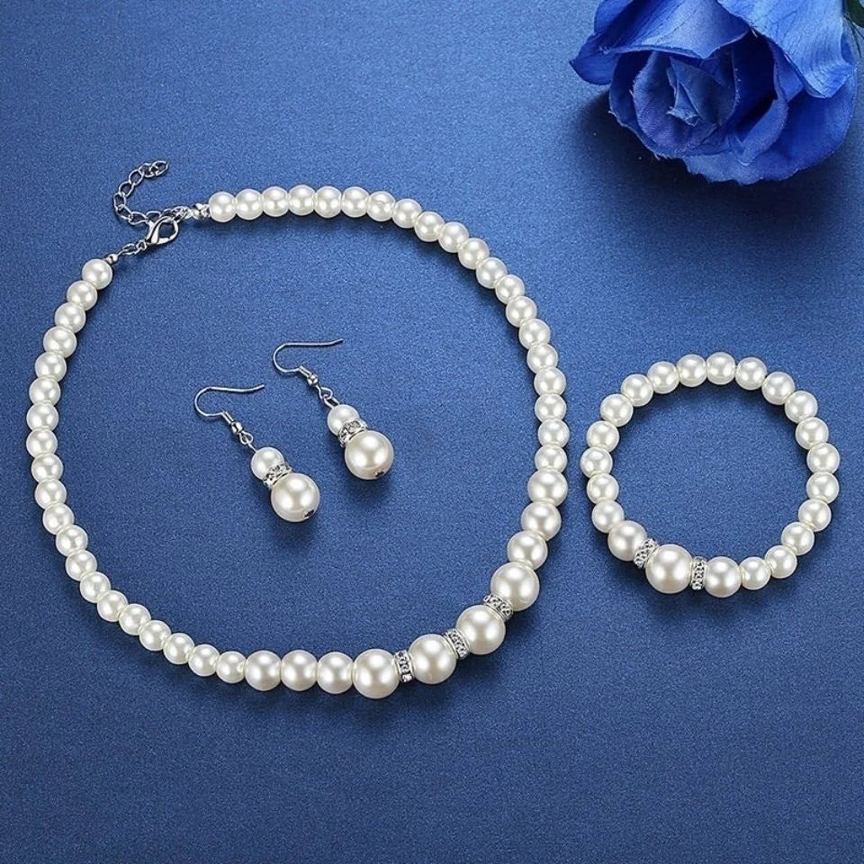 Necklace Bracelet Earrings 3pcs/set Jewelry Set for Women Elegant Wedding Party Imiation Pearl Crystal Beads Accessories Gift