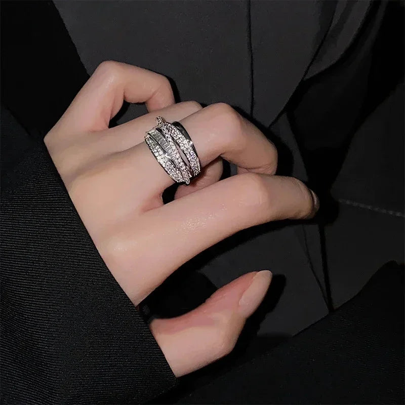 2024 Silver Color Rhinestone Ring Multi-layer Winding Rings for Women Wedding Full Zircon Finger Rings Fashion Jewelry Gifts