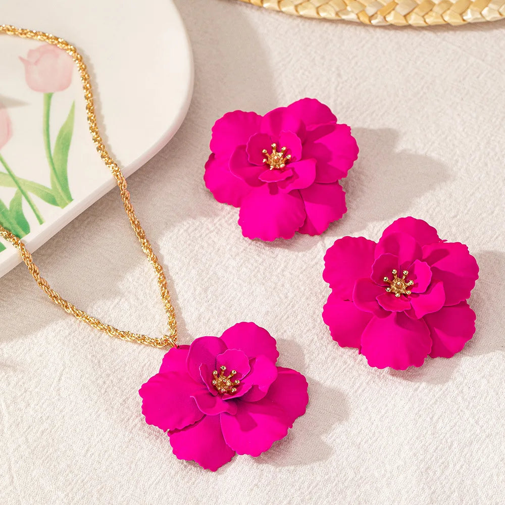 Jewelry Set for Women Girls Colorful Enamel Flower Shape Stud Earring Geometric Chains Necklace Fashion Jewelry Gifts
