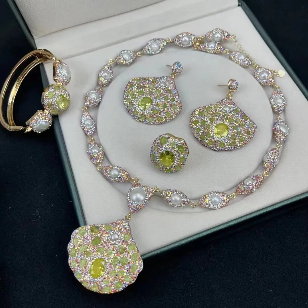 Natural Baroque pearl jewelry inlaid with zircon four-piece set, European and American exaggerated fashion clay jew