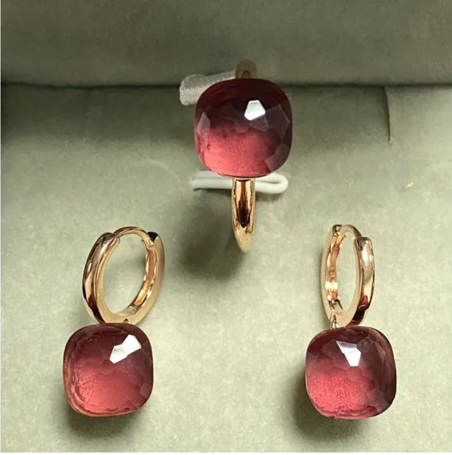 Classic Jewelry Set For Women Square Blue Crystal Ring Earrings Set Rose Gold Plated Colorful Candy Bijoux Set