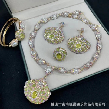 Natural Baroque pearl jewelry inlaid with zircon four-piece set, European and American exaggerated fashion clay jew