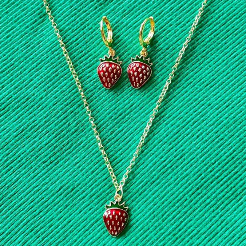 strawberry jewelry necklace earrings set y2k indie jewelry