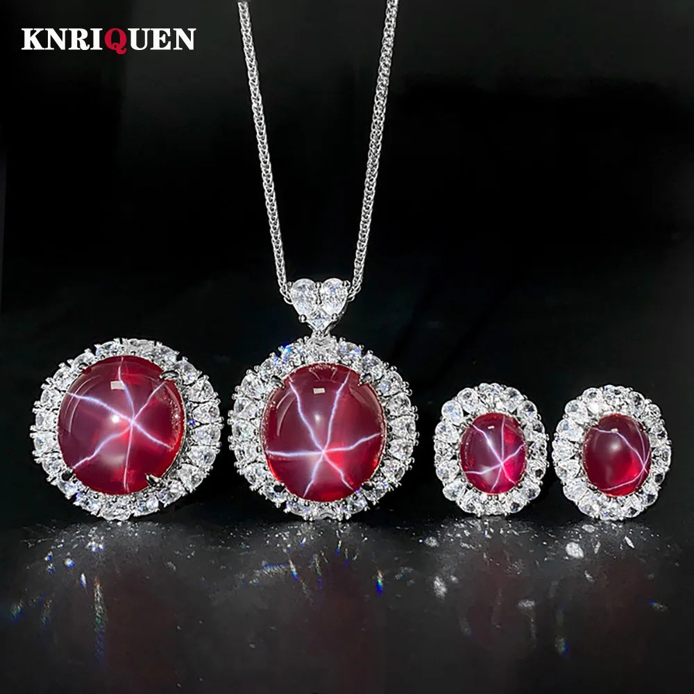 Women's Fine Jewelry Set Retro Lab Ruby Gemstone Necklace Pendant Ring Stud Earrings Wedding Party Accessories Anniversary Gift