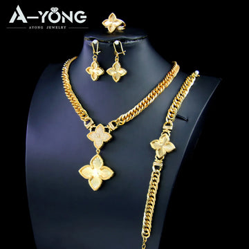 Italian Jewelry Set 21k Gold Plated Zircon Dubai Luxury Necklace Bracelet Earrings Ring Sets Women Wedding Birthday Party Gifts