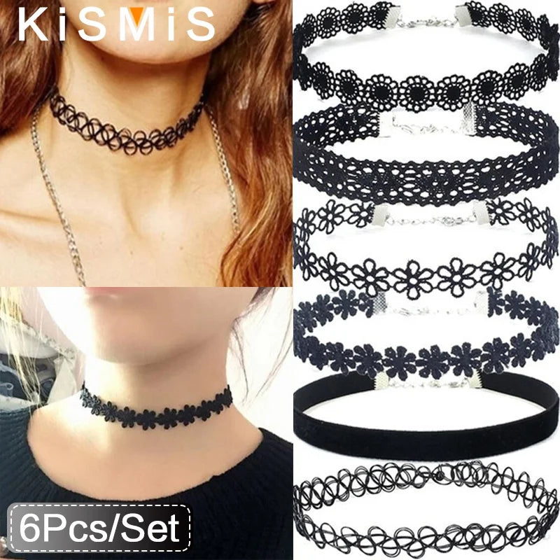 KISMIS 6Pcs/Set Black Lace Chokers Necklace Set Vintage Gothic Punk Elastic Necklace Women'S Jewelry 1Sets