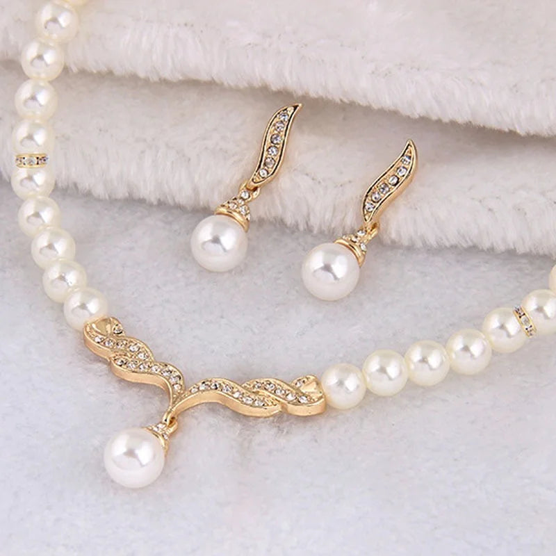 Creative Gold Color Necklace + 1 Pair Earrings Wedding Bridal Pearl Jewelry Set For Women Lady Female
