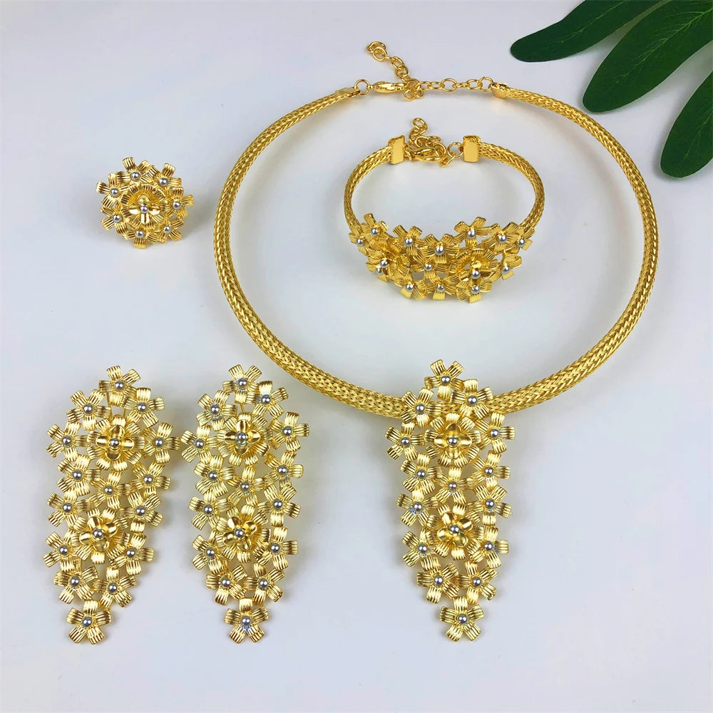Women Jewelry Set Italy Luxury Design Quality Choker Set Gold Plated Necklace Pendant Ring Bracelet No Fade Wedding Party Gift