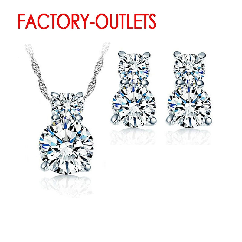 925 Sterling Silver Bridal Jewelry Sets Fashion Jewelry Necklaces Stud Earrings Round Crystal Women Girls Engagement Anniversary