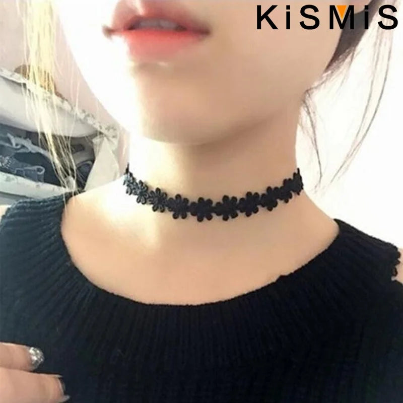 KISMIS 6Pcs/Set Black Lace Chokers Necklace Set Vintage Gothic Punk Elastic Necklace Women'S Jewelry 1Sets