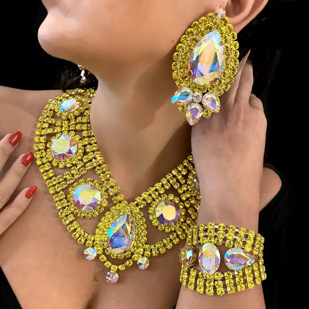 New Yellow Wedding Set Jewelry Brider In India For Women Necklace Earrings Bracelet Set Bridal Accessories Luxury Ladies Banquet