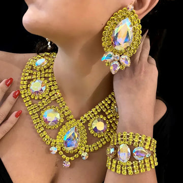 New Yellow Wedding Set Jewelry Brider In India For Women Necklace Earrings Bracelet Set Bridal Accessories Luxury Ladies Banquet