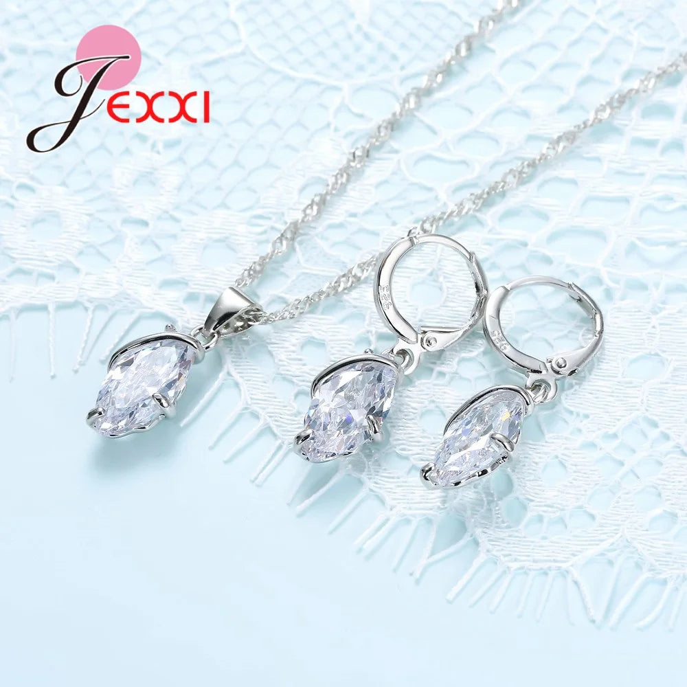 Fashion Shiny Crystal Jewelry Set For Women   Silver Casual Pendant Necklace Earrings Brincos Wedding Bijoux