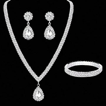 4 Pieces Luxurious Jewelry Set Exquisite Rhinestone Pendant Elegant Women's Crystal Silver Plated Necklace Earrings Bracelet Set