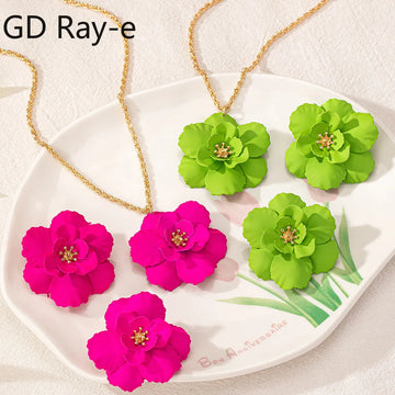 Jewelry Set for Women Girls Colorful Enamel Flower Shape Stud Earring Geometric Chains Necklace Fashion Jewelry Gifts