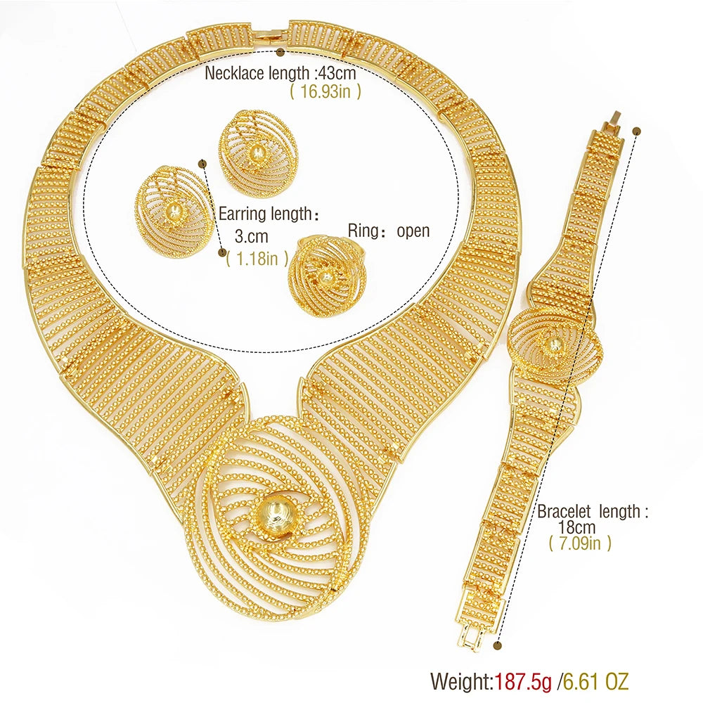 African Wedding Jewelry Set Exaggerated Design Necklace Bracelet Earring Rings For Women Fashion Party Gift 18K Gold Plated