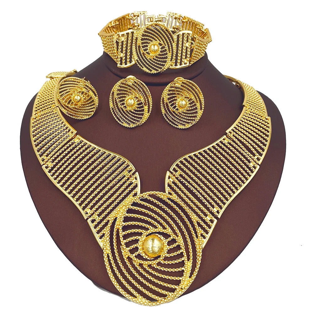 African Wedding Jewelry Set Exaggerated Design Necklace Bracelet Earring Rings For Women Fashion Party Gift 18K Gold Plated