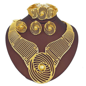 African Wedding Jewelry Set Exaggerated Design Necklace Bracelet Earring Rings For Women Fashion Party Gift 18K Gold Plated