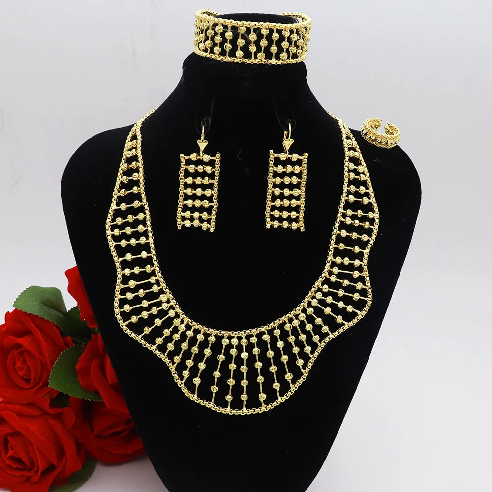 Women Necklace Set Gold Plated Jewelry Choker Luxury Colorful Rhinestone Rings Earrings Bracelet Wedding Jewellery