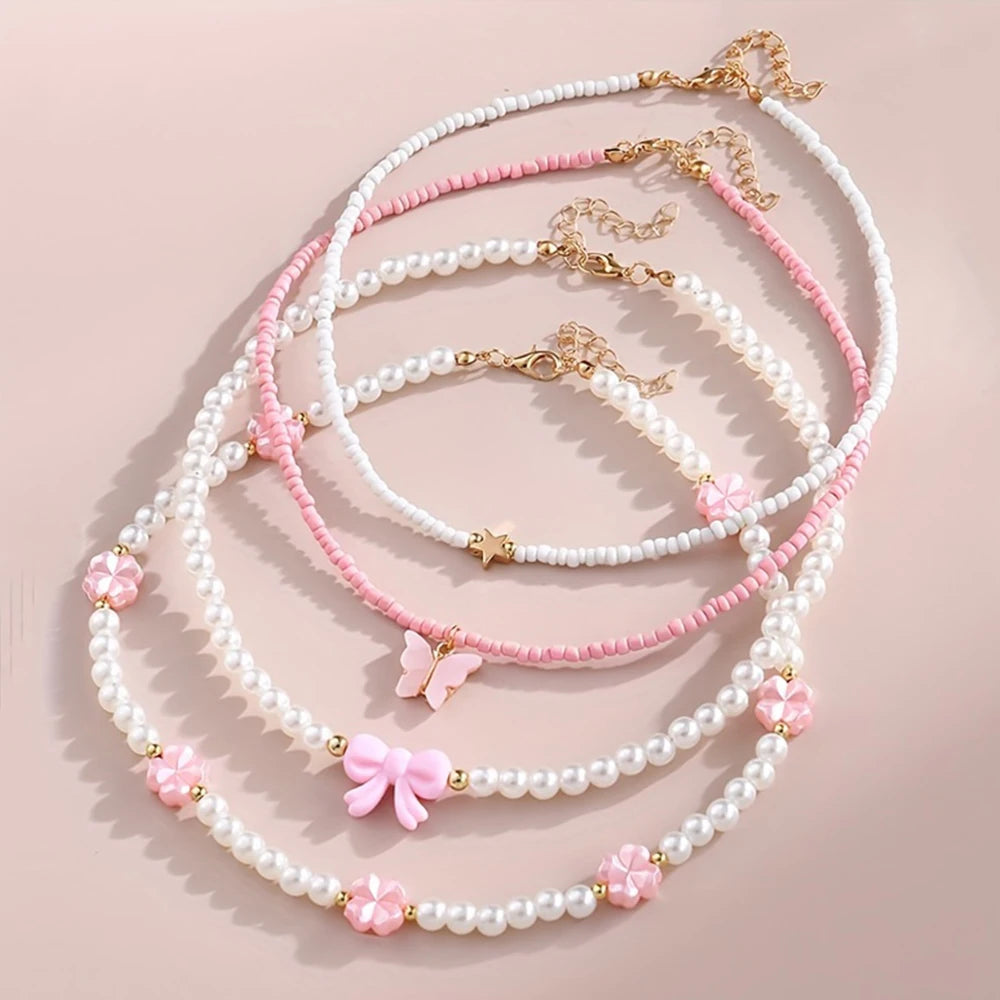 4pcs/Set Girls' Butterfly Heart Flower Pearl & Beaded Handmade Necklace Set Children Teen Friendship Best Gift For Friends