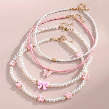 4pcs/Set Girls' Butterfly Heart Flower Pearl & Beaded Handmade Necklace Set Children Teen Friendship Best Gift For Friends